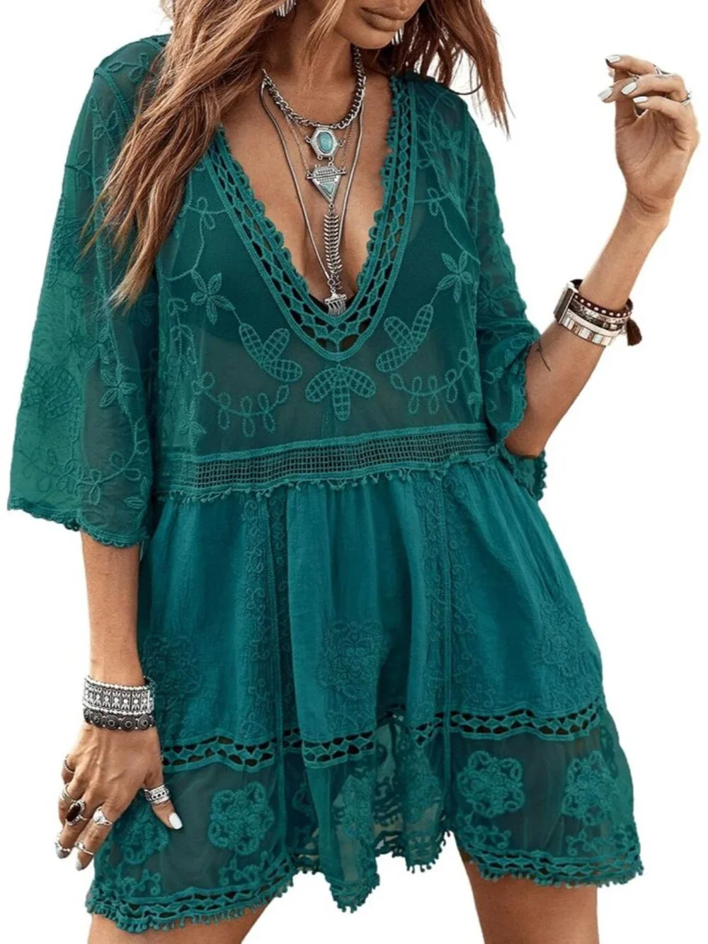Womens Navy Blue Rayon V-Neck Coverup Mesh Lace Bathing Suit Swimsuit Coverup